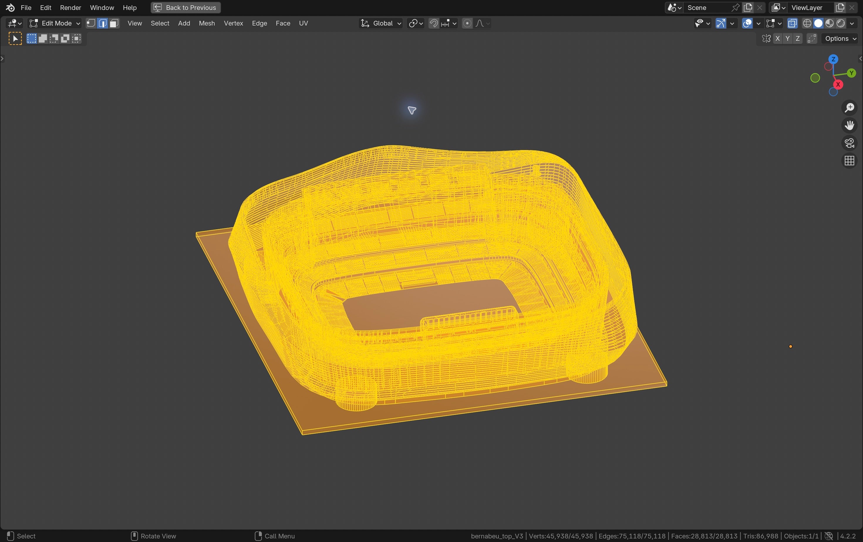 Das echte Santiago-Bernabéu-Modell in der X-Ray-Arbeitsansicht von Blender